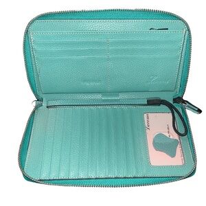 Lavemi Teal/Turquoise RFID Blocking Leather Zip Around Wristlet Wallet Clutch